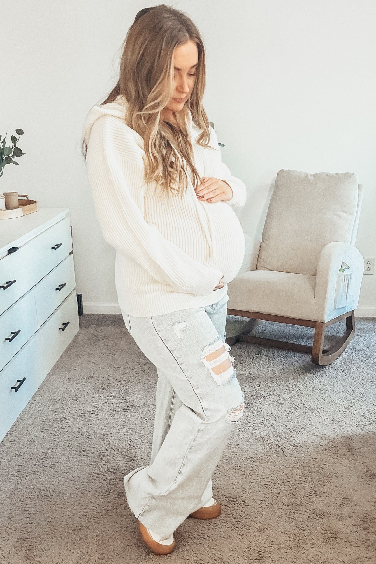 Cream Ribbed Knit Button Front Hooded Maternity Sweater