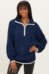 Navy Soft Fuzzy Knit Quarter Zip Pullover Sweater