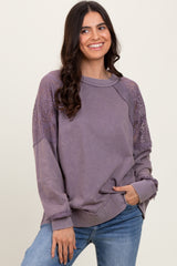 Lavender Lace Inset Exposed Seam Pullover Top