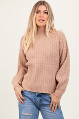 Mocha Cable Knit Mock Neck Bubble Sleeve Maternity Sweater