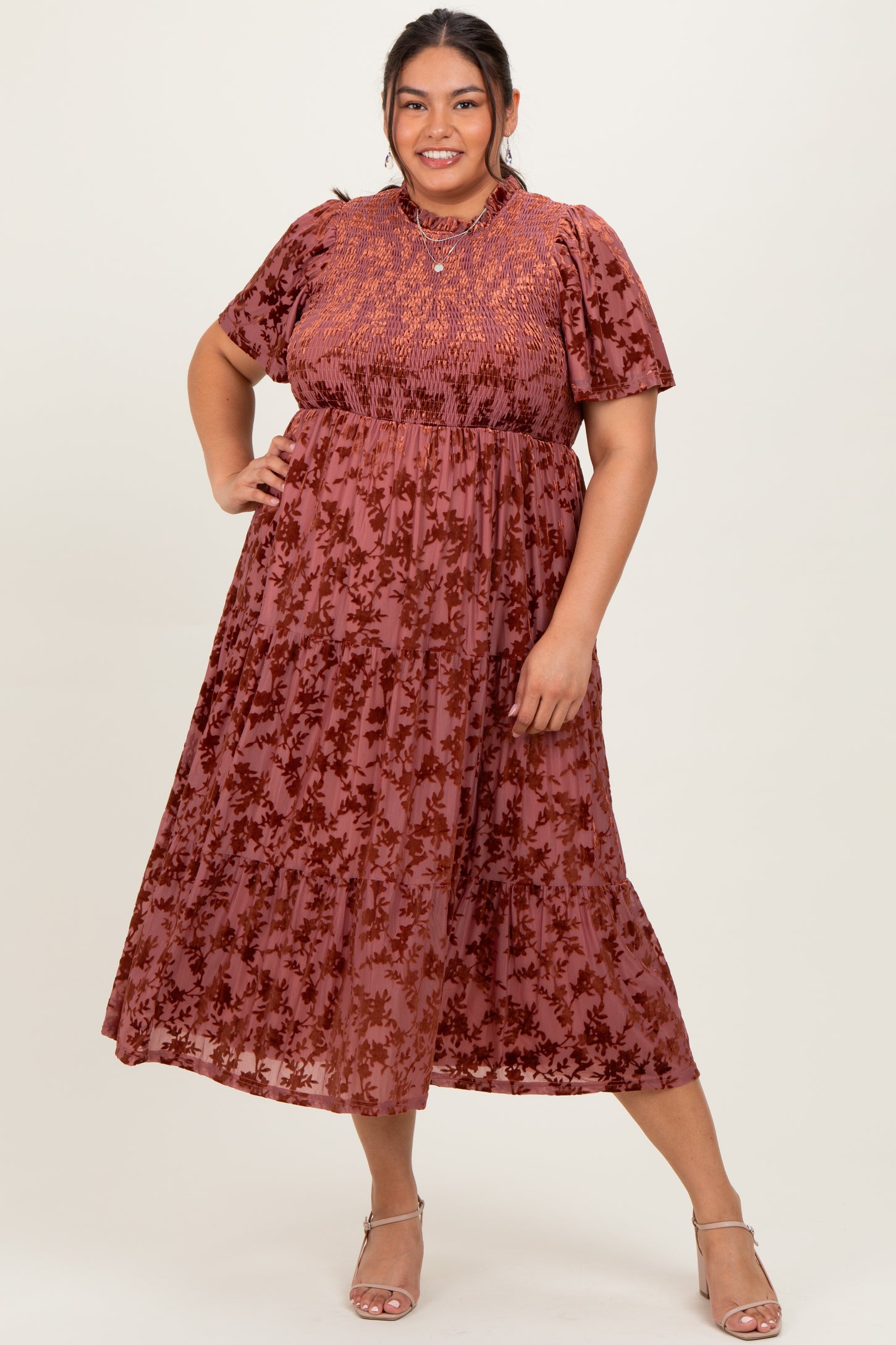 Mauve Floral Velvet Print Smocked Plus Midi Dress