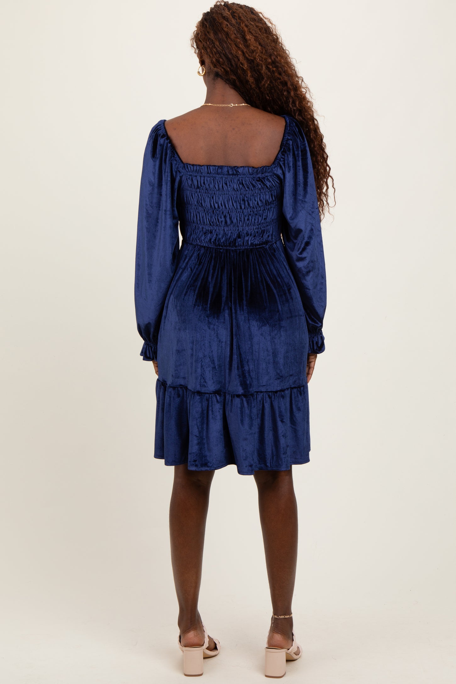 Navy Velvet Smocked Long Sleeve Dress