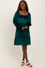 Forest Green Velvet Smocked Long Sleeve Dress