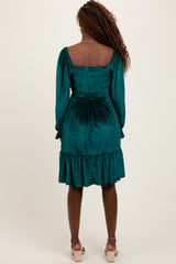 Forest Green Velvet Smocked Long Sleeve Dress