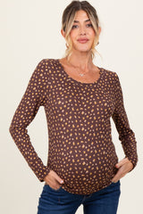 Brown Floral Ribbed Long Sleeve Maternity Top
