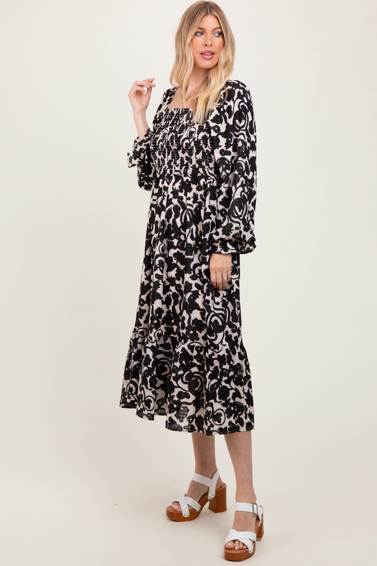 Black Floral Damask Print Smocked Midi Dress