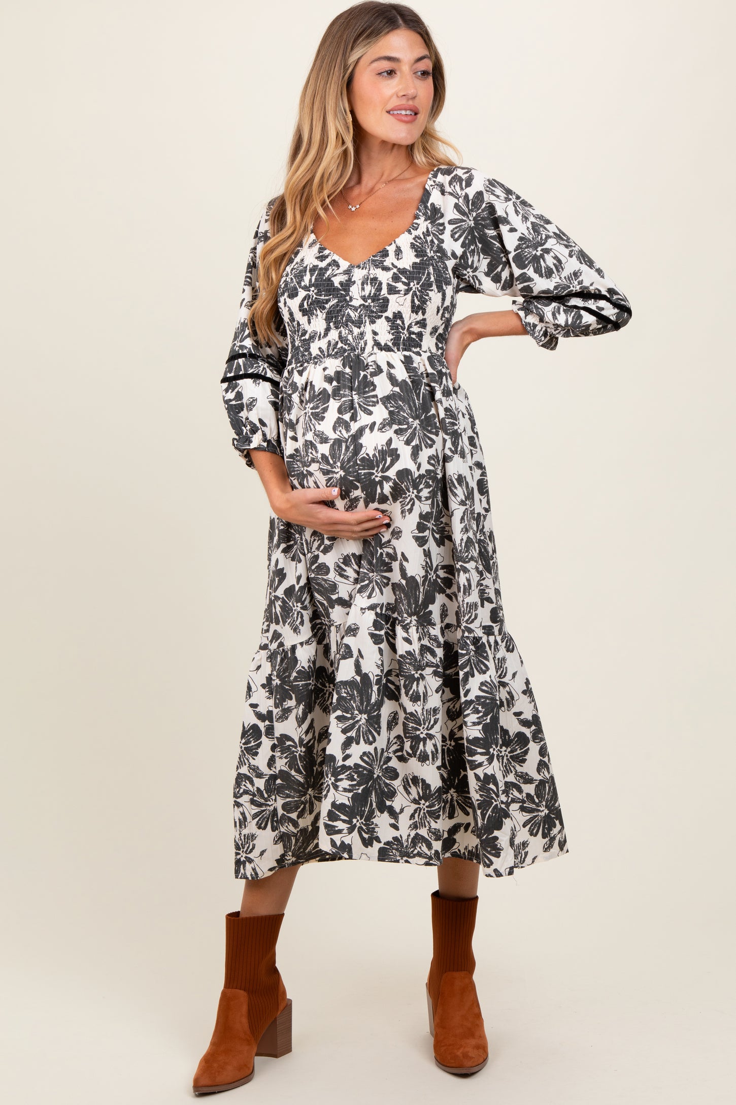 Cream Floral Smocked 3/4 Sleeve Tiered Maternity Midi Dress