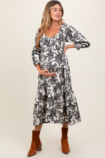 Cream Floral Smocked 3/4 Sleeve Tiered Maternity Midi Dress