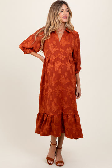 Dark Orange Floral Applique Collared Maternity Midi Dress