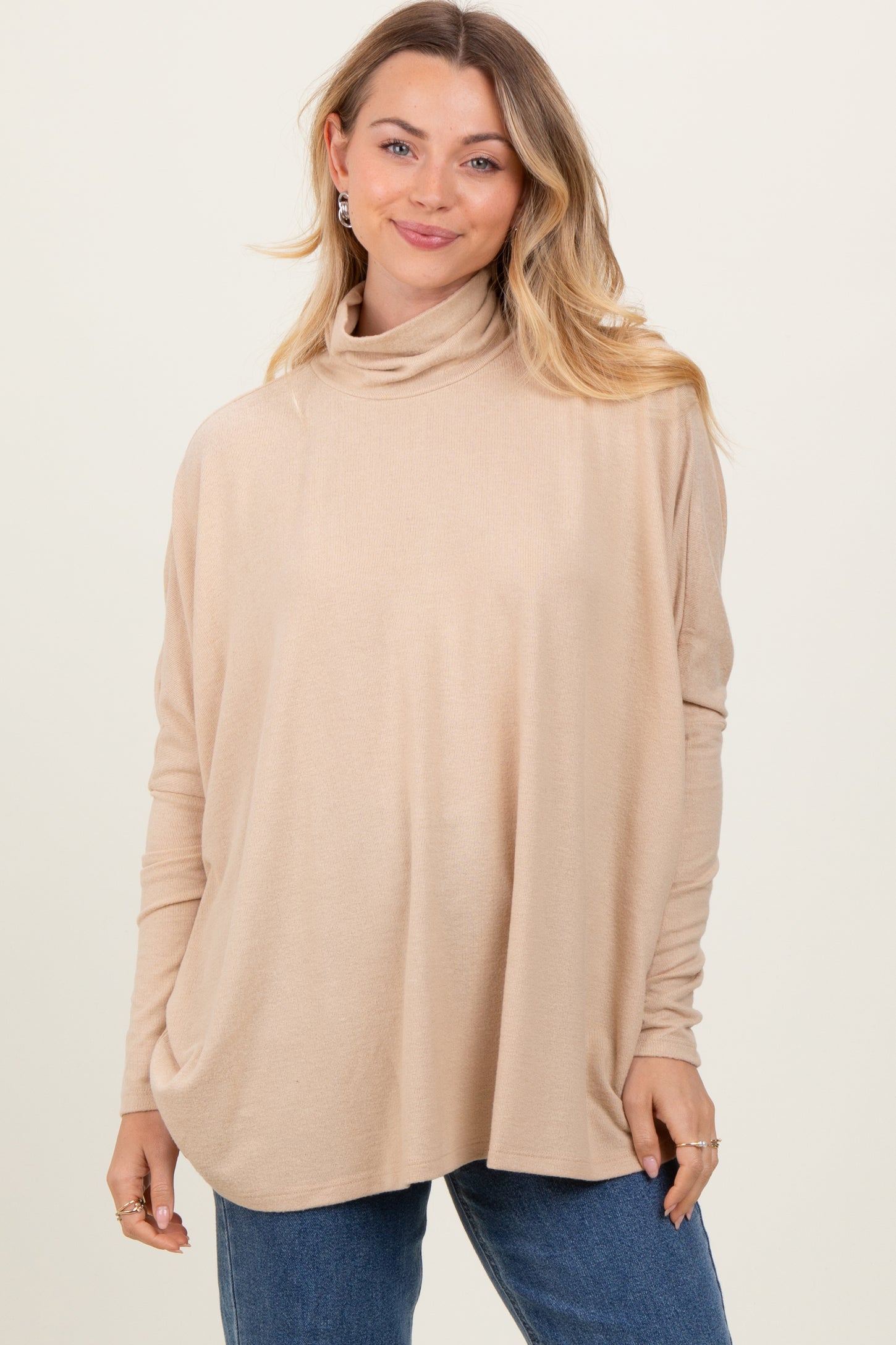 Cream Brushed Knit Turtleneck Dolman Sleeve Maternity Top