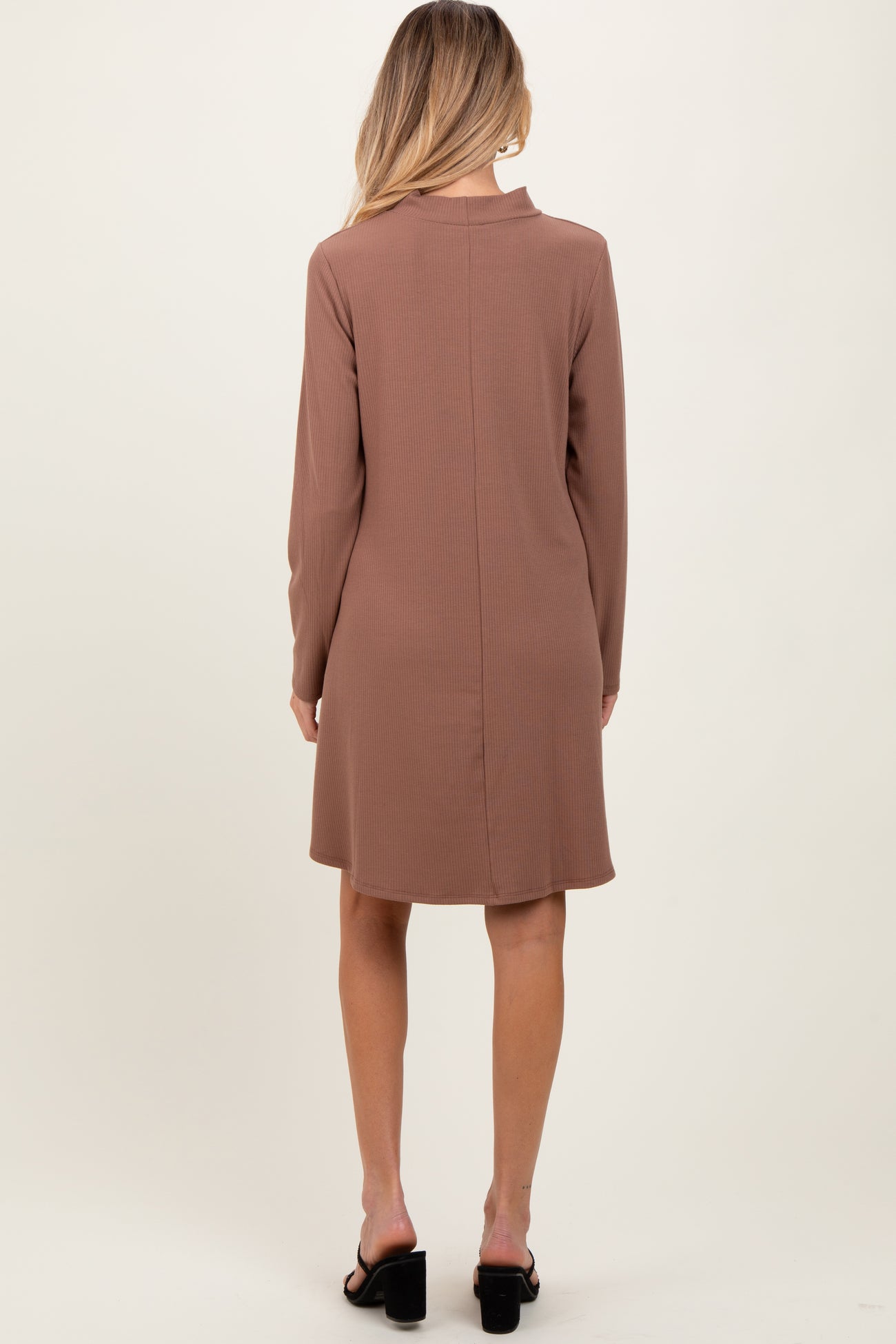 Mocha Ribbed Mock Neck Long Sleeve Basic Maternity Dress