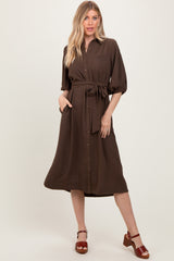 Brown Sash Tie Midi Shirt Dress