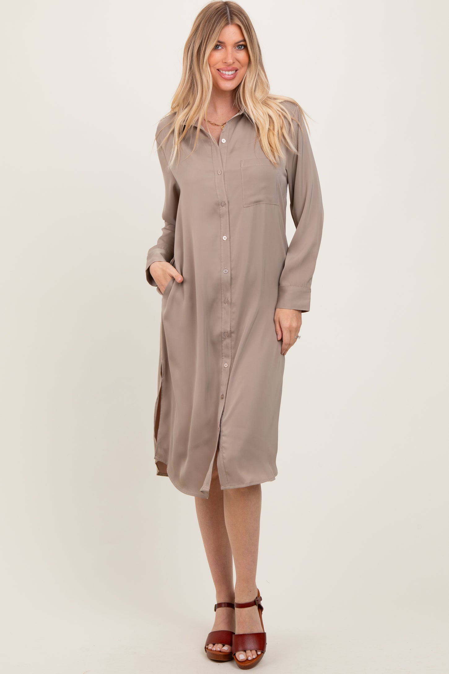 Light Taupe Long Sleeve Midi Shirt Dress