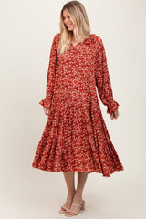Burgundy Floral Tie Neckline Tiered Maternity Maxi Dress