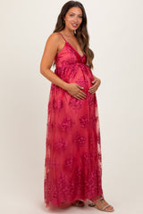 Red Floral Lace Overlay Maternity Maxi Dress
