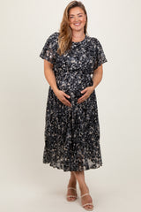 Black Floral Pleated Maternity Plus Midi Dress