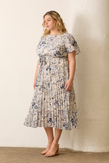 Cream Floral Pleated Plus Midi Dress
