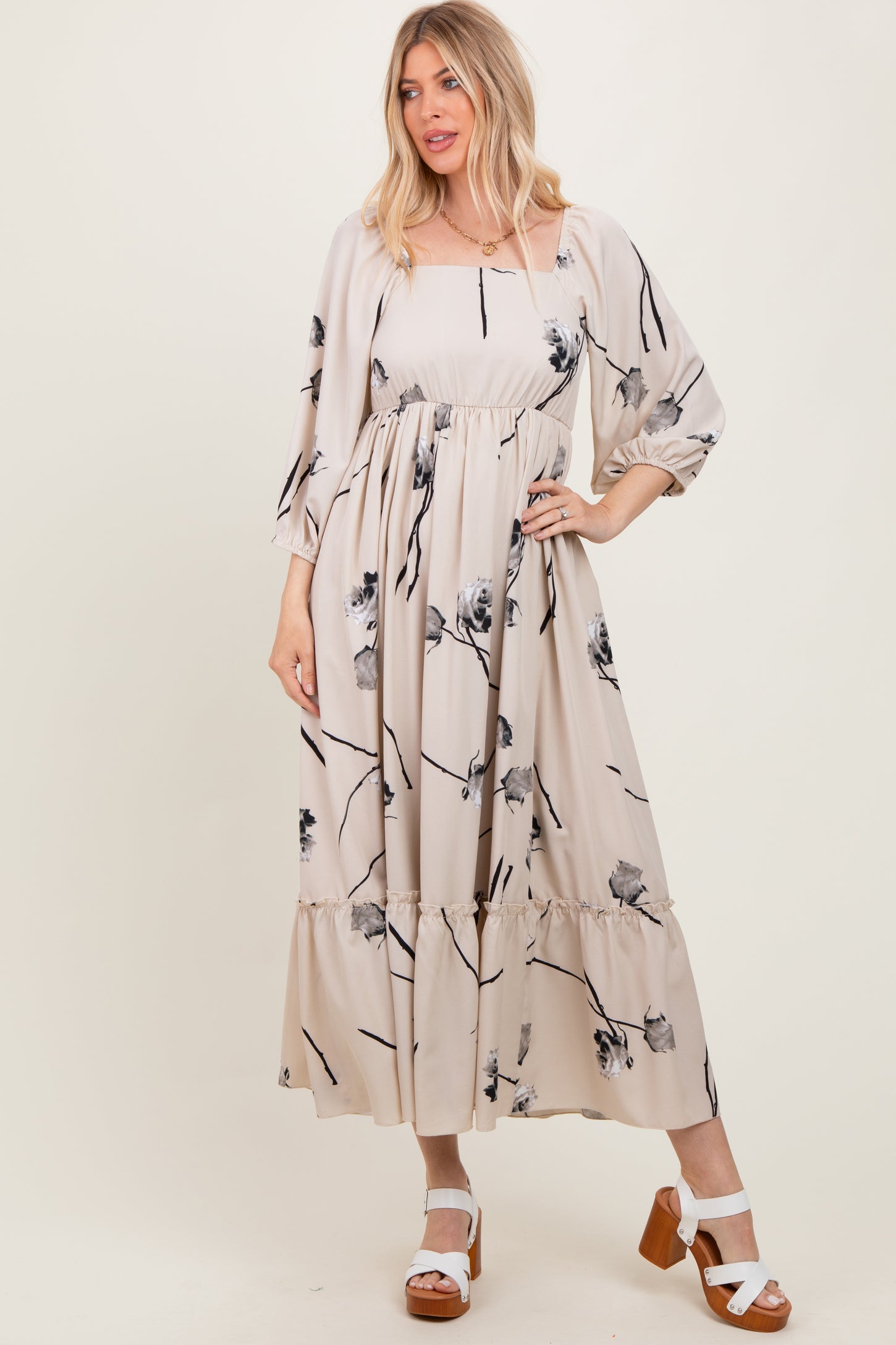 Cream Floral Square Neck Midi Dress