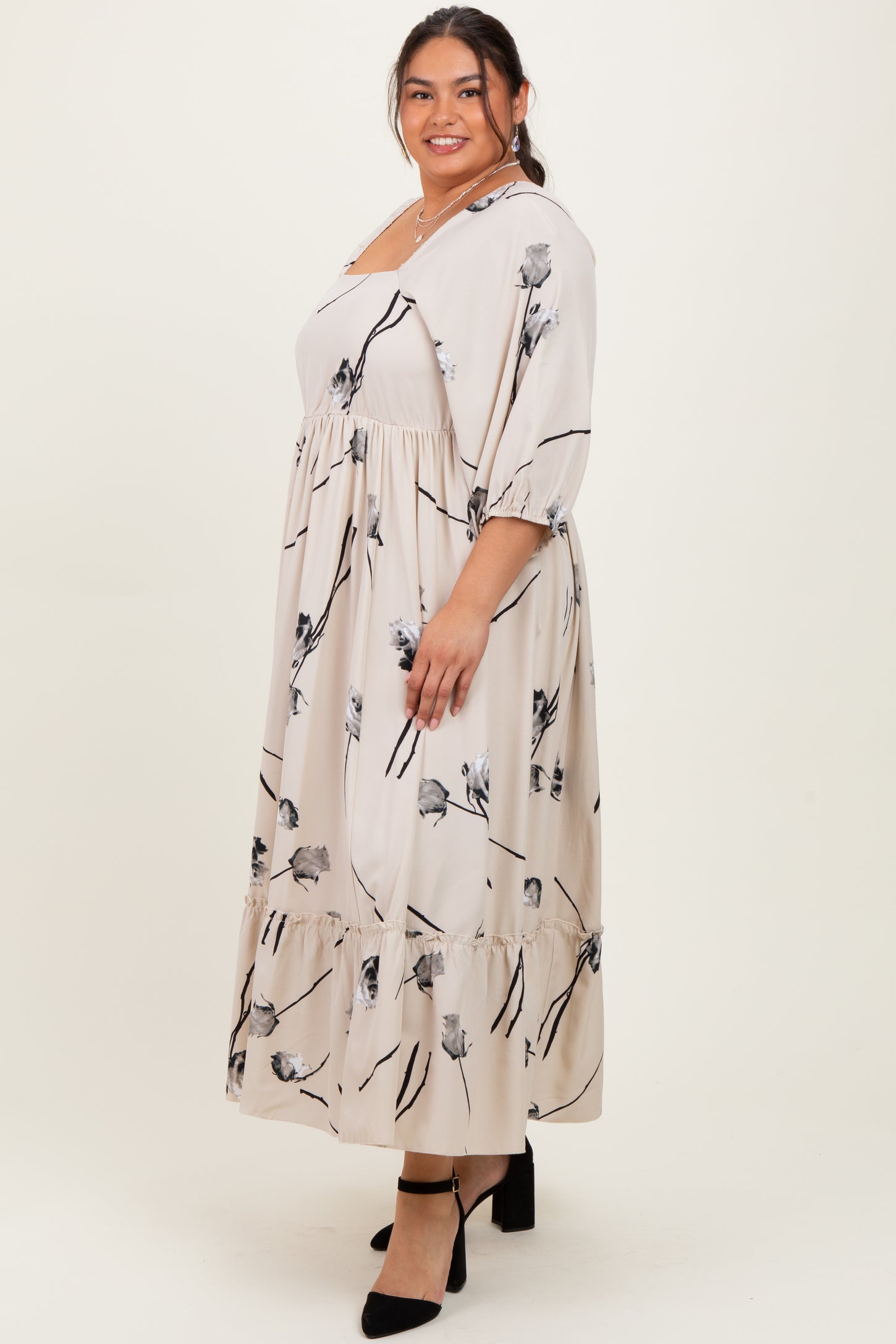 Cream Floral Square Neck Plus Midi Dress