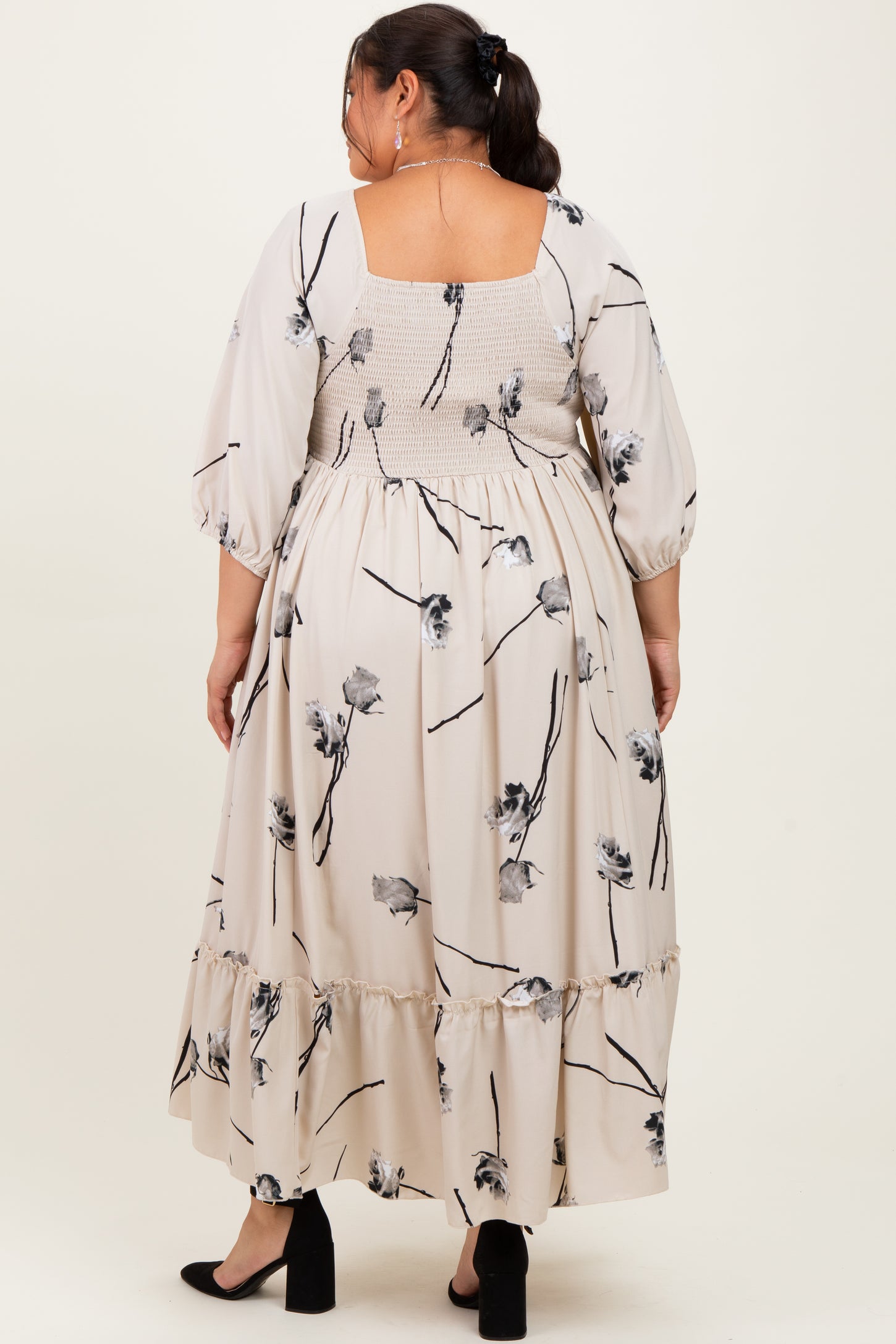 Cream Floral Square Neck Plus Midi Dress