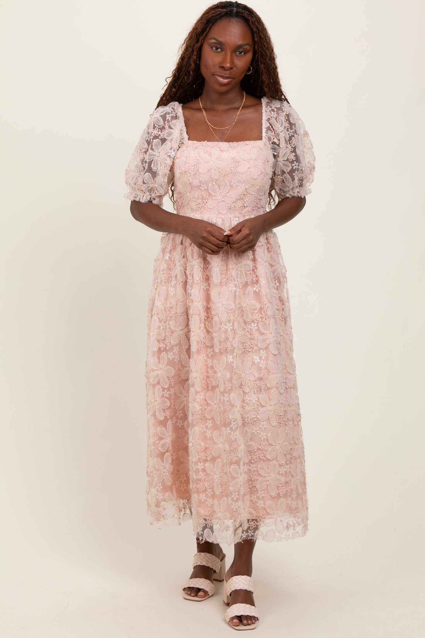 Light Pink Floral Mesh Overlay Tie Back Maternity Midi Dress