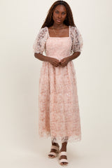 Light Pink Floral Mesh Overlay Tie Back Midi Dress