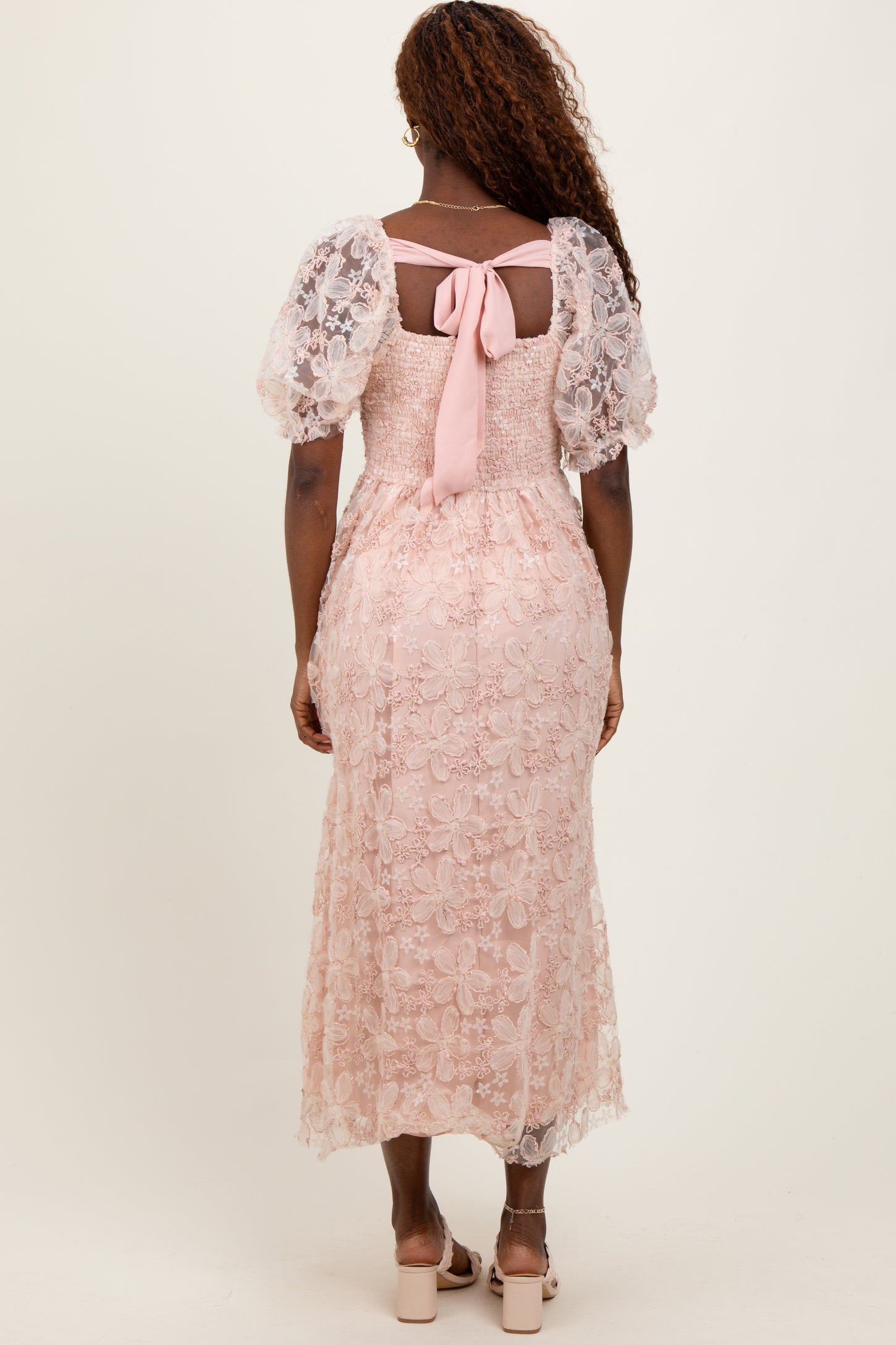 Light Pink Floral Mesh Overlay Tie Back Midi Dress