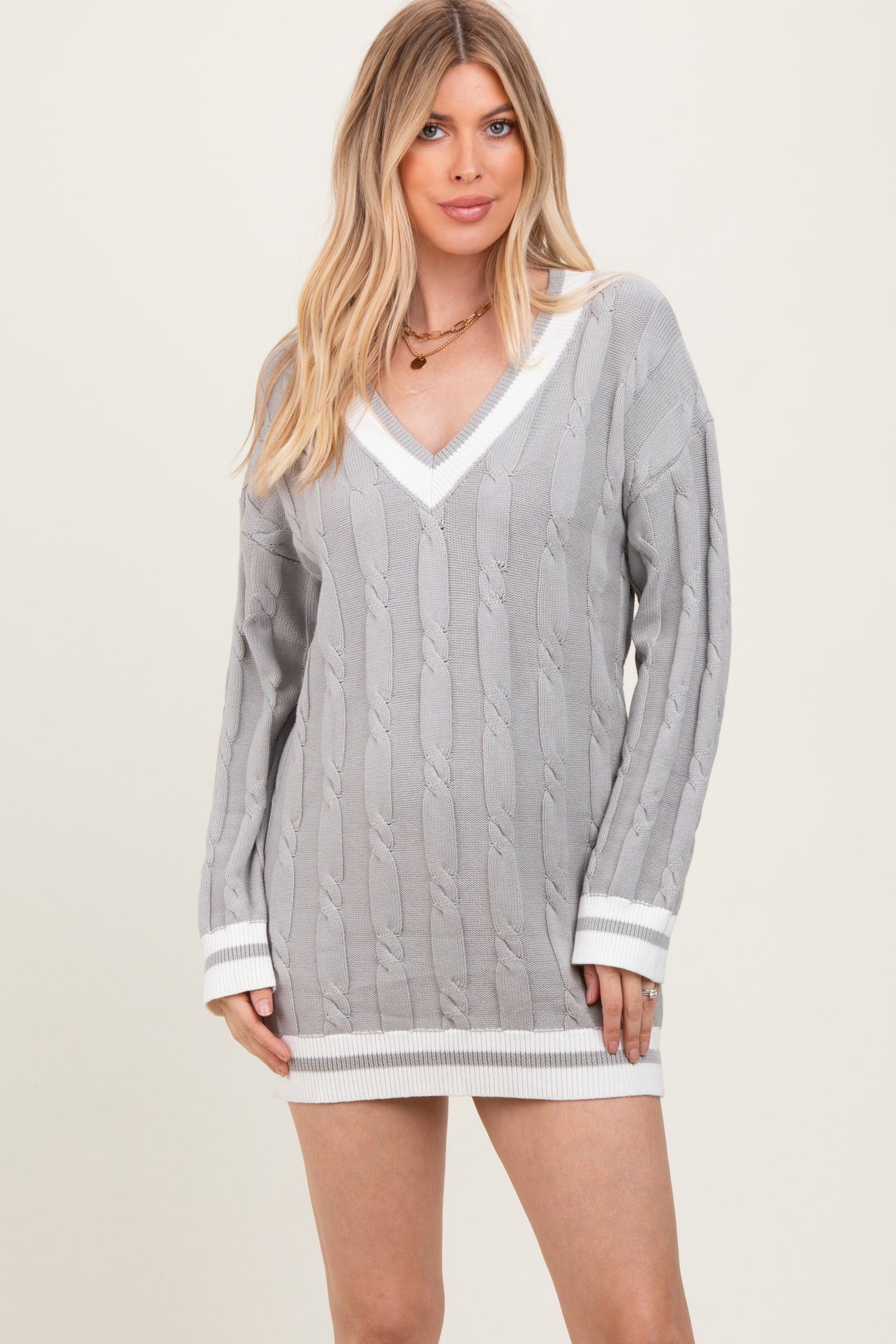 Heather Grey Cable Knit Sweater Mini Dress