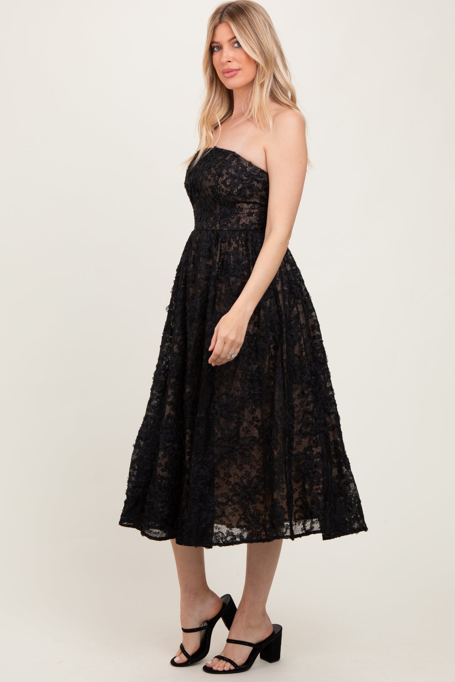 Black Floral Lace Embroidered Overlay Strapless Midi Dress