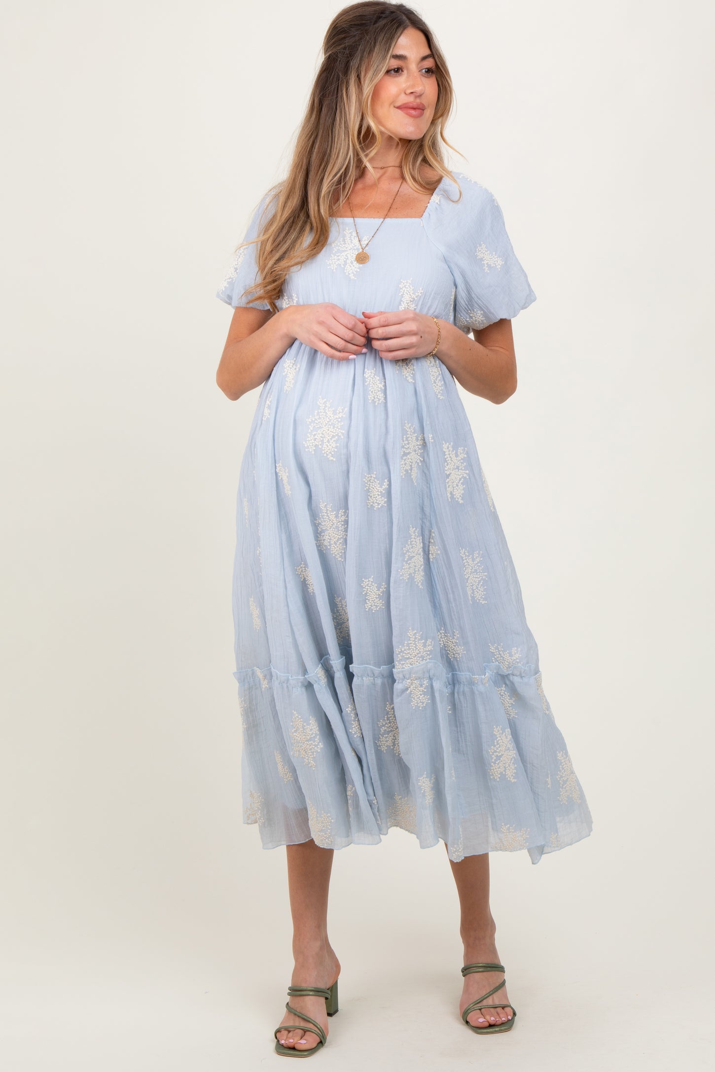 Light Blue Floral Print Ruffle Hem Maternity Midi Dress