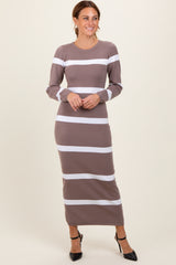 Mocha Striped Knit Long Sleeve Midi Sweater Dress