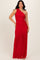 woman wearing a red one-shoulder maxi dress with ruching and a flowy skirt