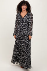 Black Floral Chiffon Lace Trim Back Tie Maternity Maxi Dress