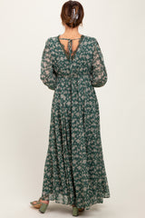 Green Floral Chiffon Lace Trim Back Tie Maxi Dress