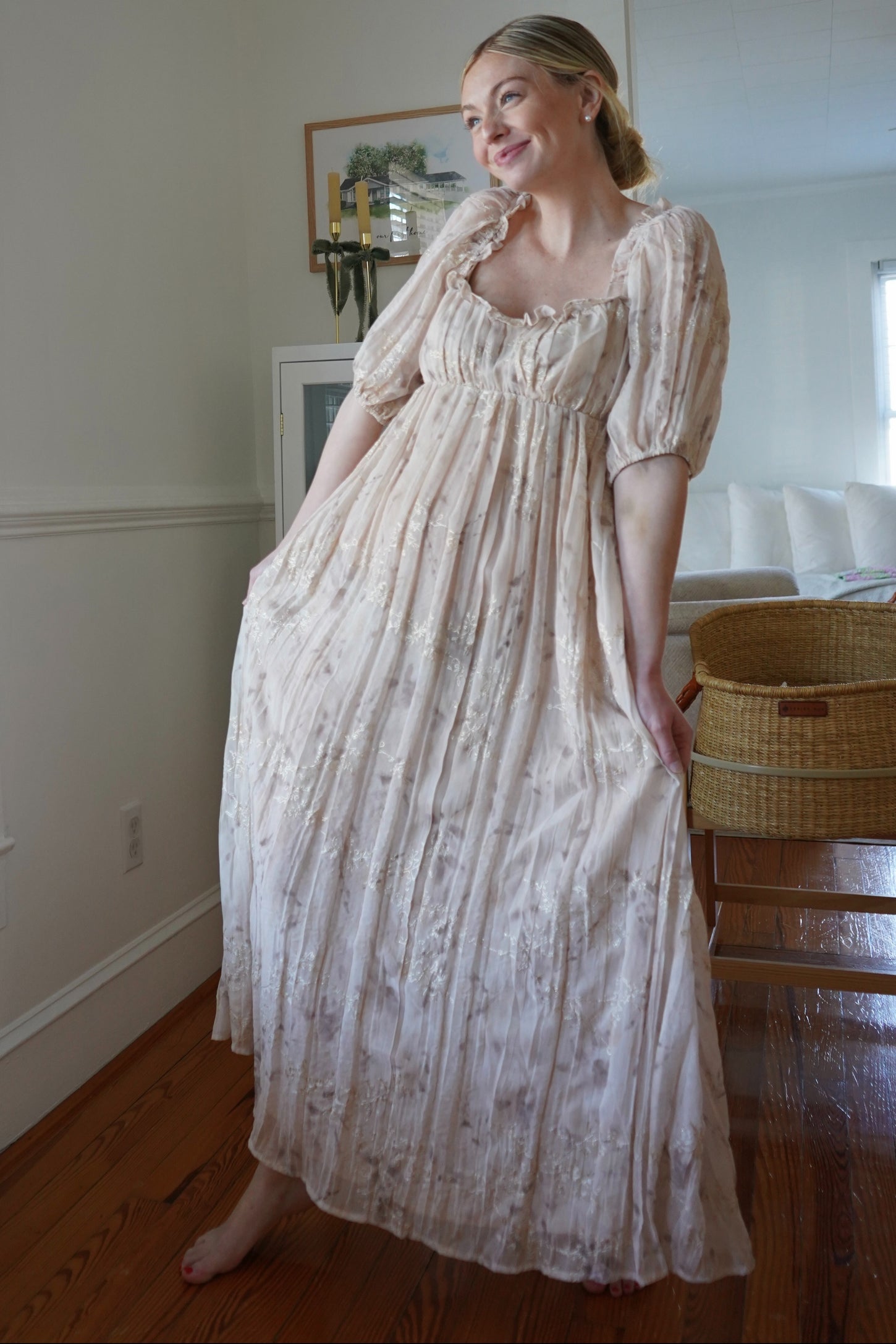 Cream Floral Chiffon Embroidered Ruffle Trim Maternity Maxi Dress