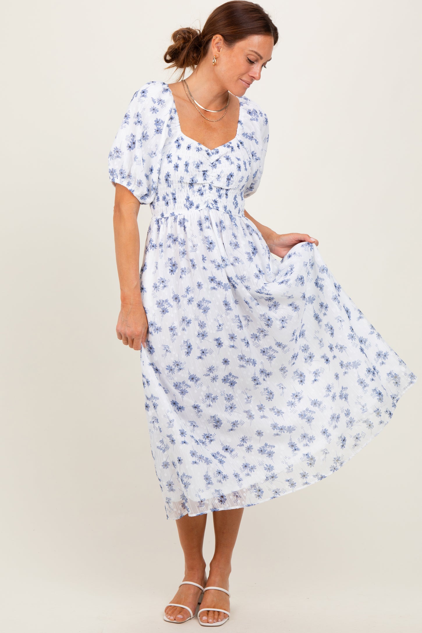 Blue Floral Smocked Bodice Midi Dress