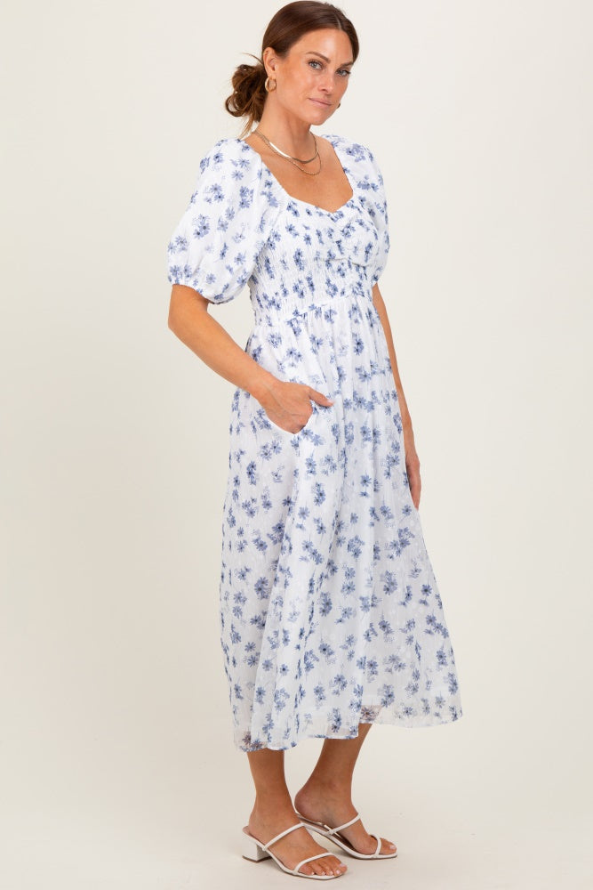 Blue Floral Smocked Bodice Midi Dress
