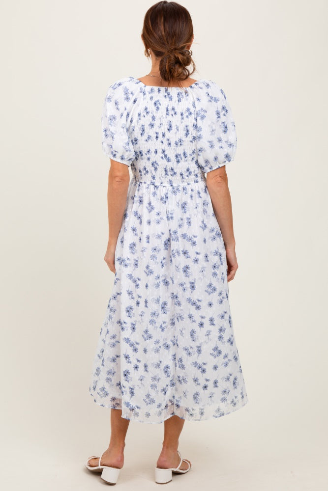Blue Floral Smocked Bodice Midi Dress