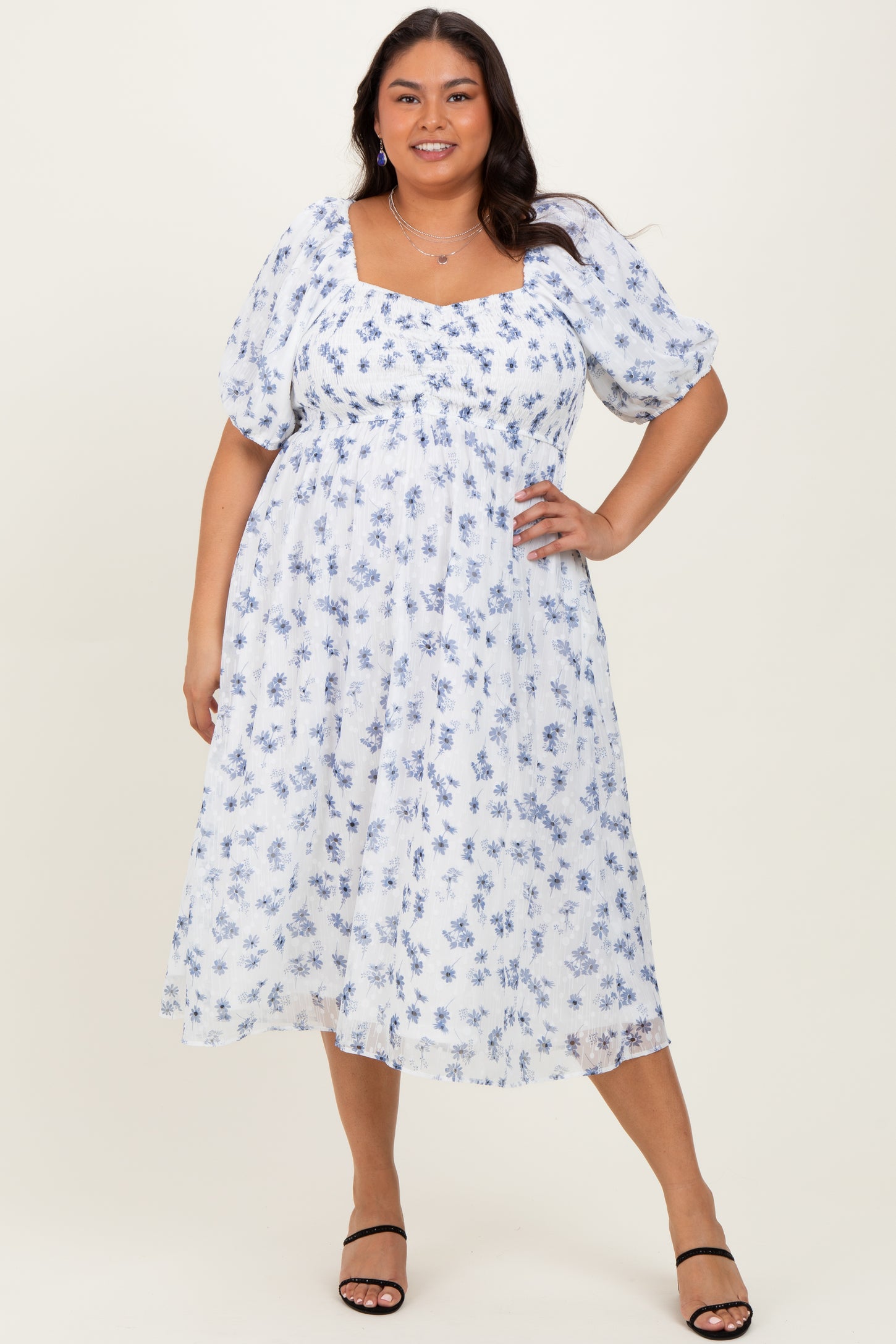Blue Smocked Cinched Bodice Plus Midi Dress