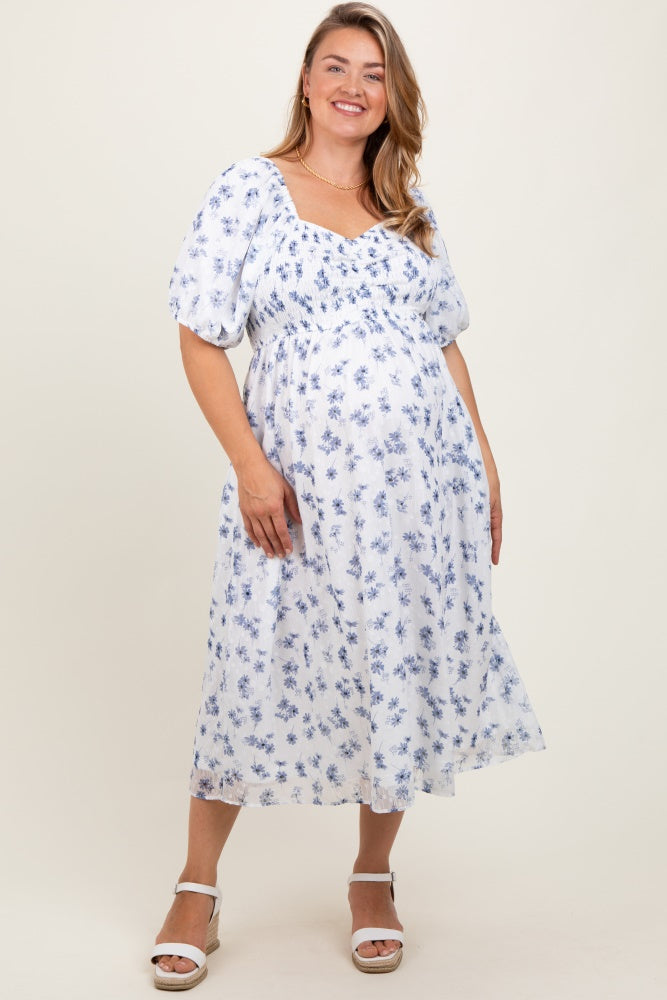 Blue Floral Smocked Bodice Maternity Plus Midi Dress