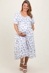 Blue Floral Smocked Bodice Maternity Plus Midi Dress