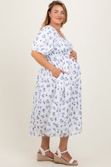 Blue Floral Smocked Bodice Maternity Plus Midi Dress