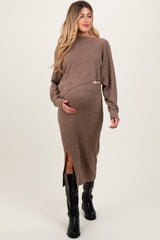 Mocha Ribbed Knit Asymmetric Top Midi Skirt Maternity Set