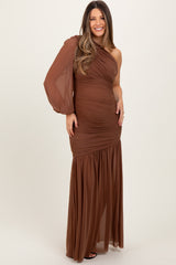 Mocha Ruched Mesh One Shoulder Asymmetric Maternity Maxi Dress