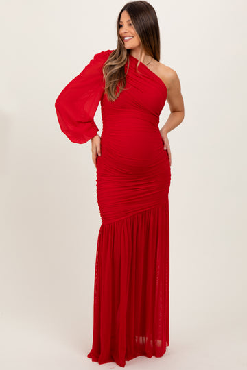 Red Ruched Mesh One Shoulder Asymmetric Maternity Maxi Dress