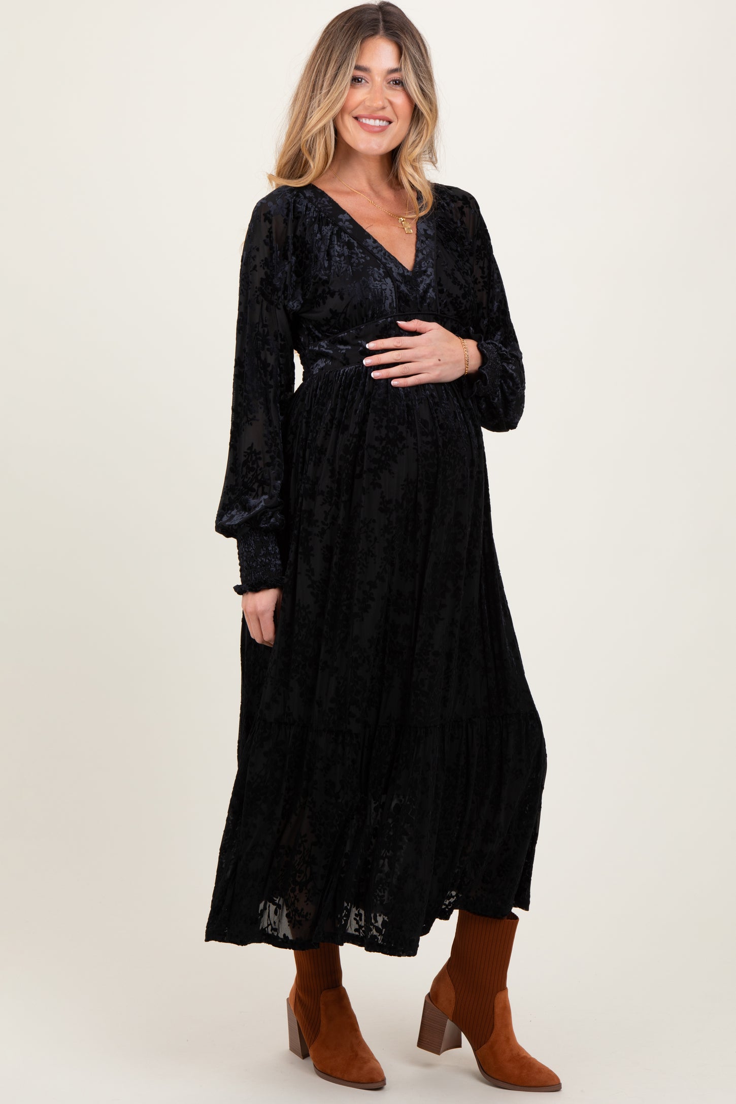 Black Floral Velvet Overlay Maternity Maxi Dress