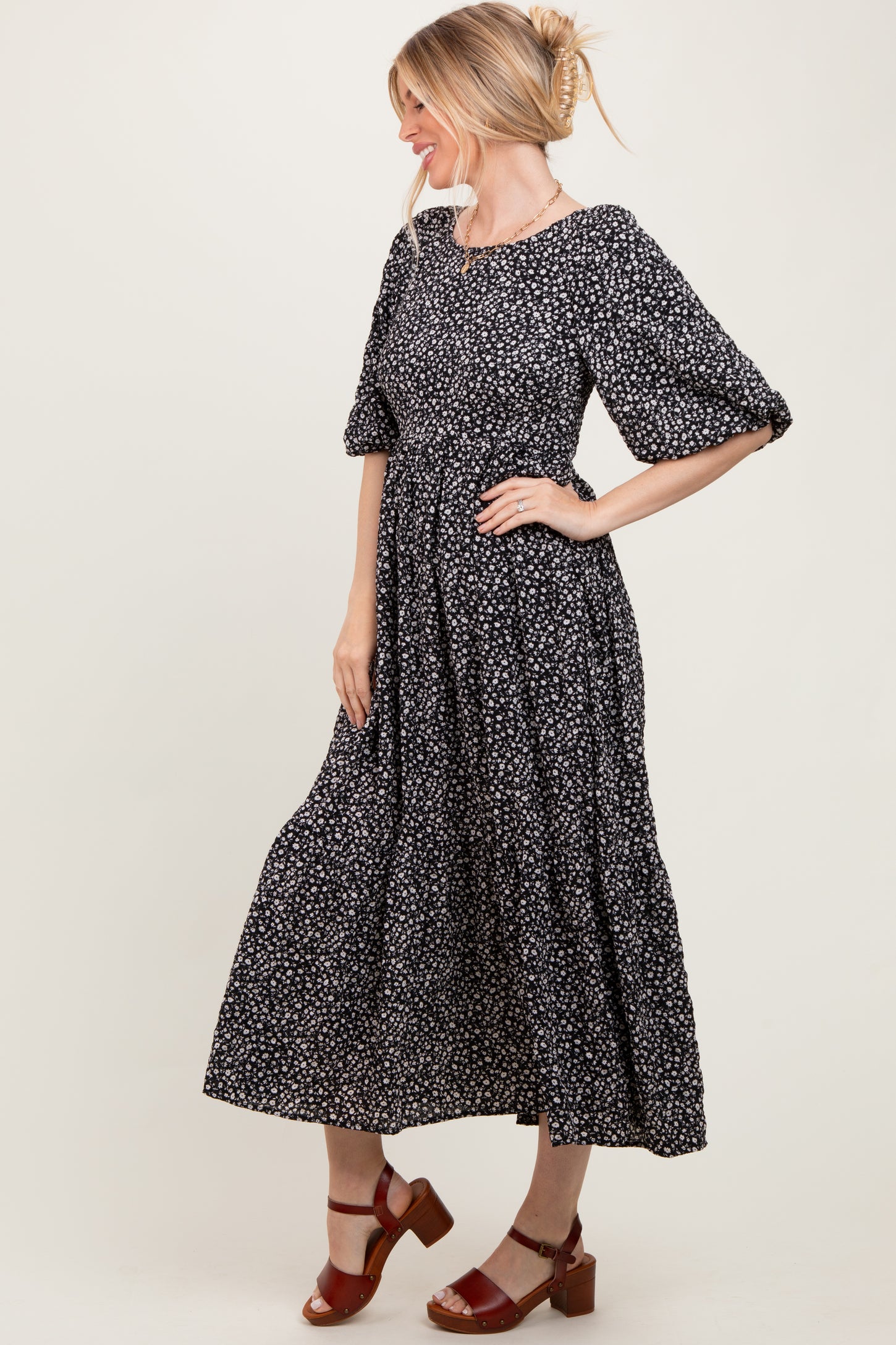 Black Floral Puffed Short Sleeve Maxi Dress