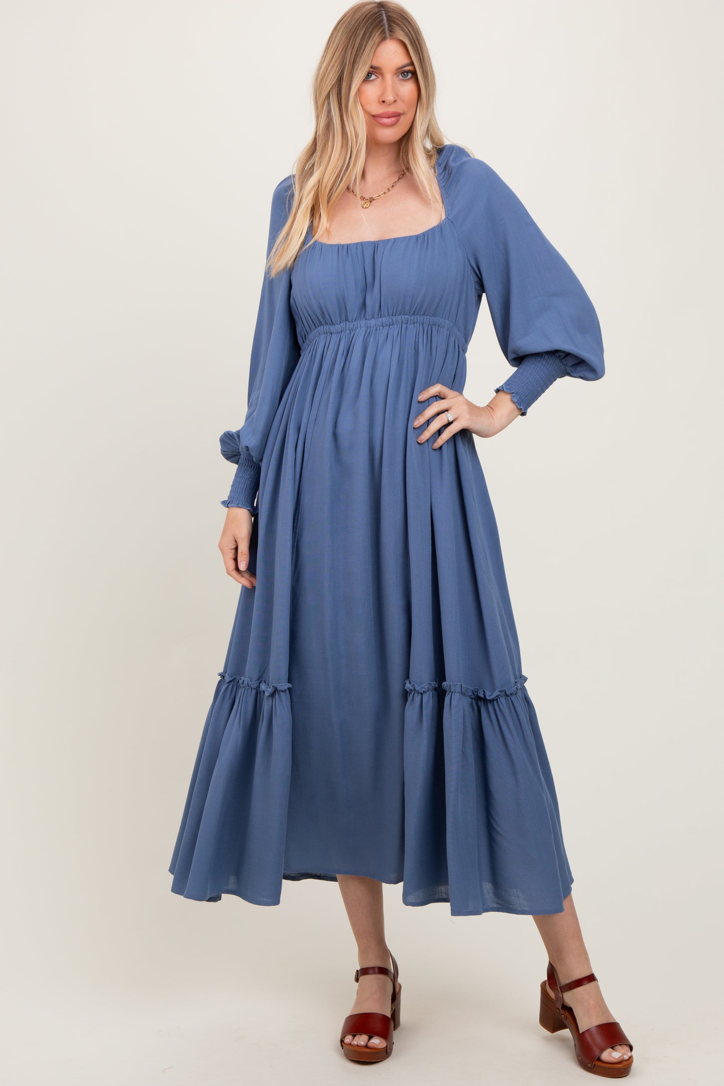Blue Square Neckline Bubble Sleeve Maxi Dress