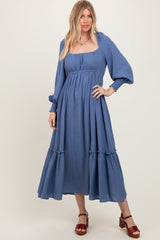 Blue Square Neckline Bubble Sleeve Maternity Maxi Dress