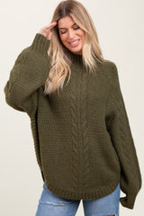 Olive Mixed Chunky Cable Knit Mock Neck Maternity Sweater